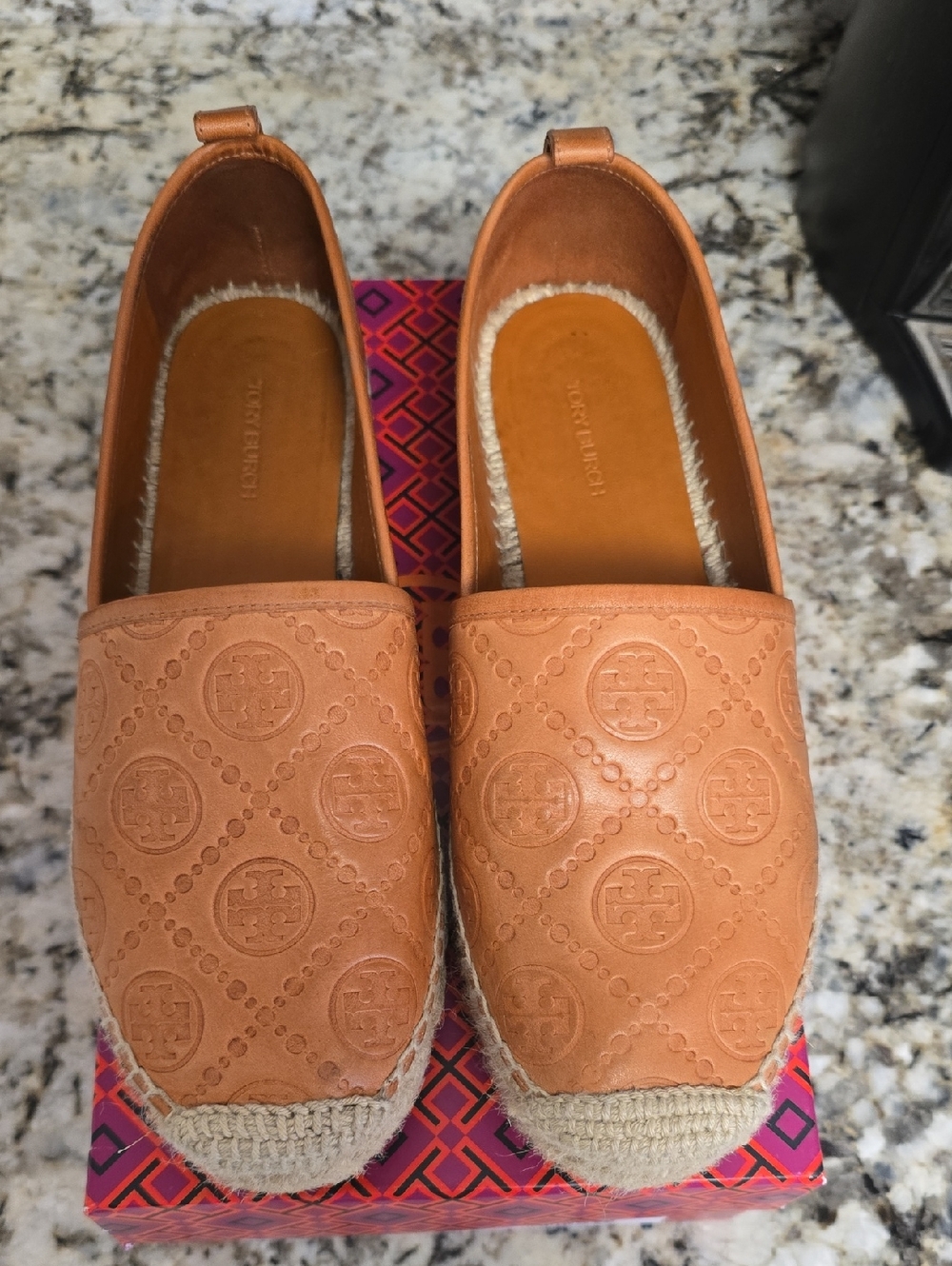 Tory Burch Tan Leather Logo Espadrille Slip-Ons